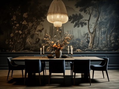 Dining Room Of A Dark, Black And Gray Scene With A Chandelier