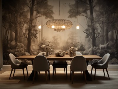 Dining Room With A Dark Forest Scene On The Wall