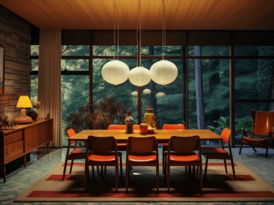 Dining Room With A Dining Table In Front Of An Orange Chair