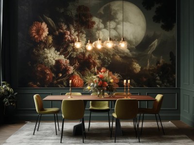 Dining Room With A Moon Mural, Green Chairs And Green Paintings