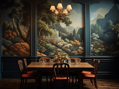 Dining Room With A Mural Of Mountains, Trees And Rivers