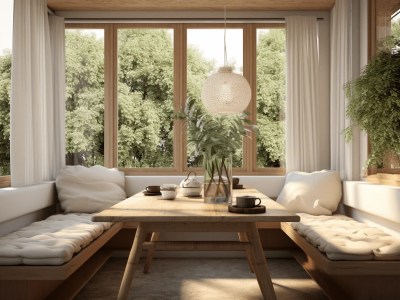 Dining Room With A Wood Table And Benches On The Windows