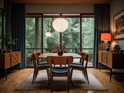 Dining Room With Big Windows And Dark Wood