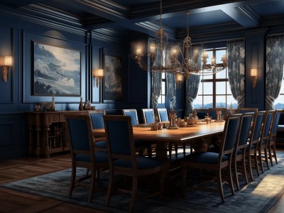 Dining Room With Blue Walls And Wooden Furniture