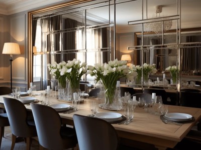 Dining Room With Mirrors And Black Table And Chairs