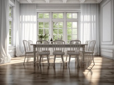 Dining Room With Windows And White Walls Is Showing In The Image