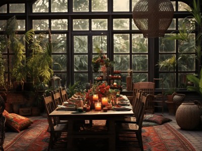 Dinner Table Set With Colorful Curtains