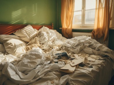 Dirty Bed With An Empty Vase And Papers