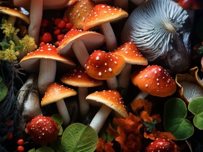 Display Of Different Types Of Mushrooms With Leaves