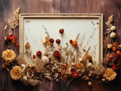 Dried Flowers With An Old Wooden Frame On A Brown Wall