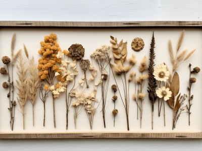 Dried Plants And Dry Flowers In A Wooden Frame