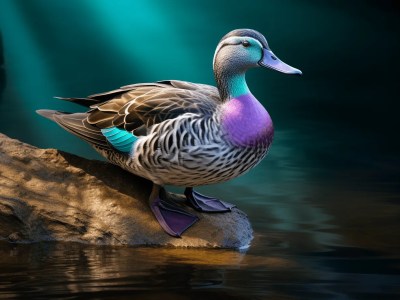 Duck In The Water With Blue And Purple Colors