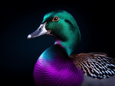 Duck Is On A Dark Background With Colorful Feathers