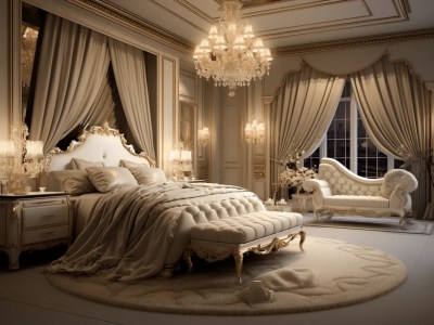 Elegant Bedroom Decorated In White And Gold With Gold Chandeliers