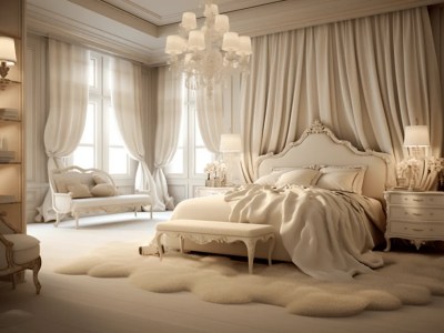 Elegant Bedroom With A Chandelier And Fur Rug