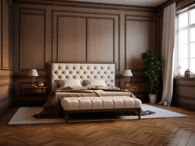 Elegant Bedroom With Wooden Floors And Wood Paneling