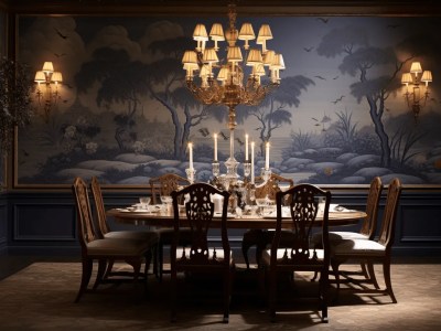 Elegant Dining Room Has A Mural On The Wall