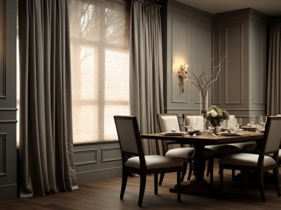 Elegant Dining Room With A Wooden Table And Chairs With Dark Curtains