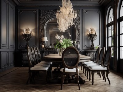 Elegant Dining Room With Black Walls And Glass Chandelier