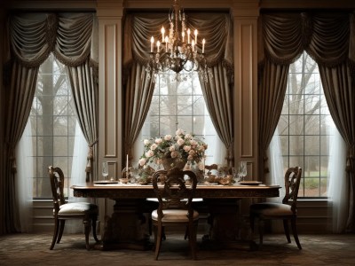 Elegant Dining Room With Lots Of Draped Windows And Furniture