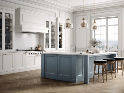 Elegant Kitchen With Blue Stools