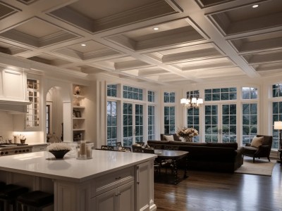 Elegant, Luxurious Kitchen Setting With A Cathedral Ceiling And White Ceilings