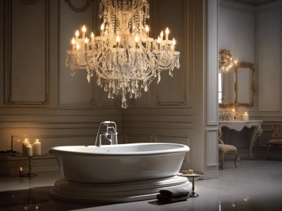 Elegant Opulent Bathroom With A Bathtub, Chandelier And Wall Mounted Mirror