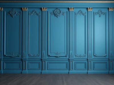 Elegant Wooden Blue Room Has Wooden Floors And Gold Details On The Walls