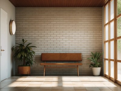 Empty Hallway With Brick Stone Wall And A Wooden Bench