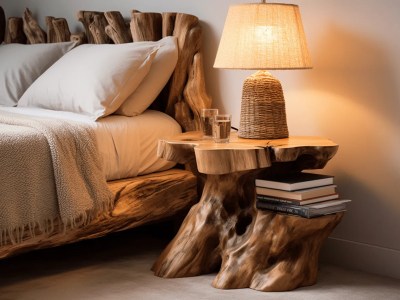 End Table Made From A Log Sitting In A Bed