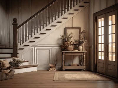 Entrance With Wooden Staircase And An Antique Chair