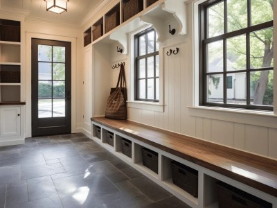 Entryway That Has Wooden Storage Benches And Windows