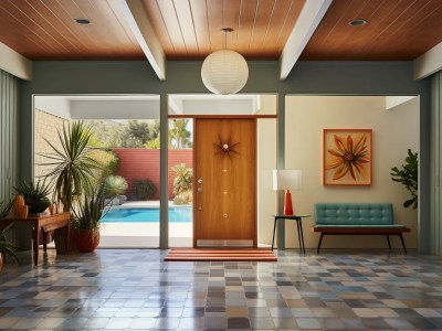 Entryway With A Pool And A Wood Door