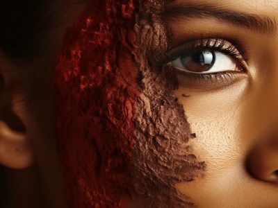 Face Of A Woman With Brown Paint And Red Makeup