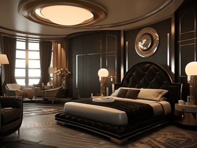 Fancy Bedroom With Dark Decor And Gold Accents