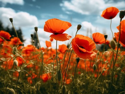 Field Of Orange Poppies Next To A Blue Sky