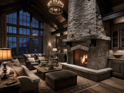 Fireplace And Living Room With Stone In The Center