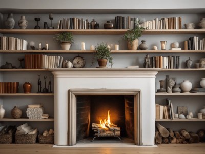 Fireplace Design On White Shelves With Books And Candles