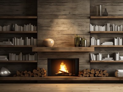 Fireplace With A Lot Of Shelves And Wood Burning Logs