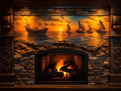 Fireplace With An Image Of Ships And A Sunrise