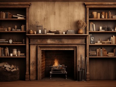 Fireplace With Book Shelves Over It And A Fire Beside It