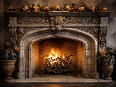 Fireplace With Flowers And Icicles In It, With An Ornament On Top