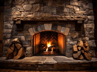 Fireplace With Logs And Wood Sticks Standing In A Dark Room