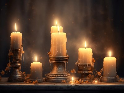 Five Large Candles On A Dark Table