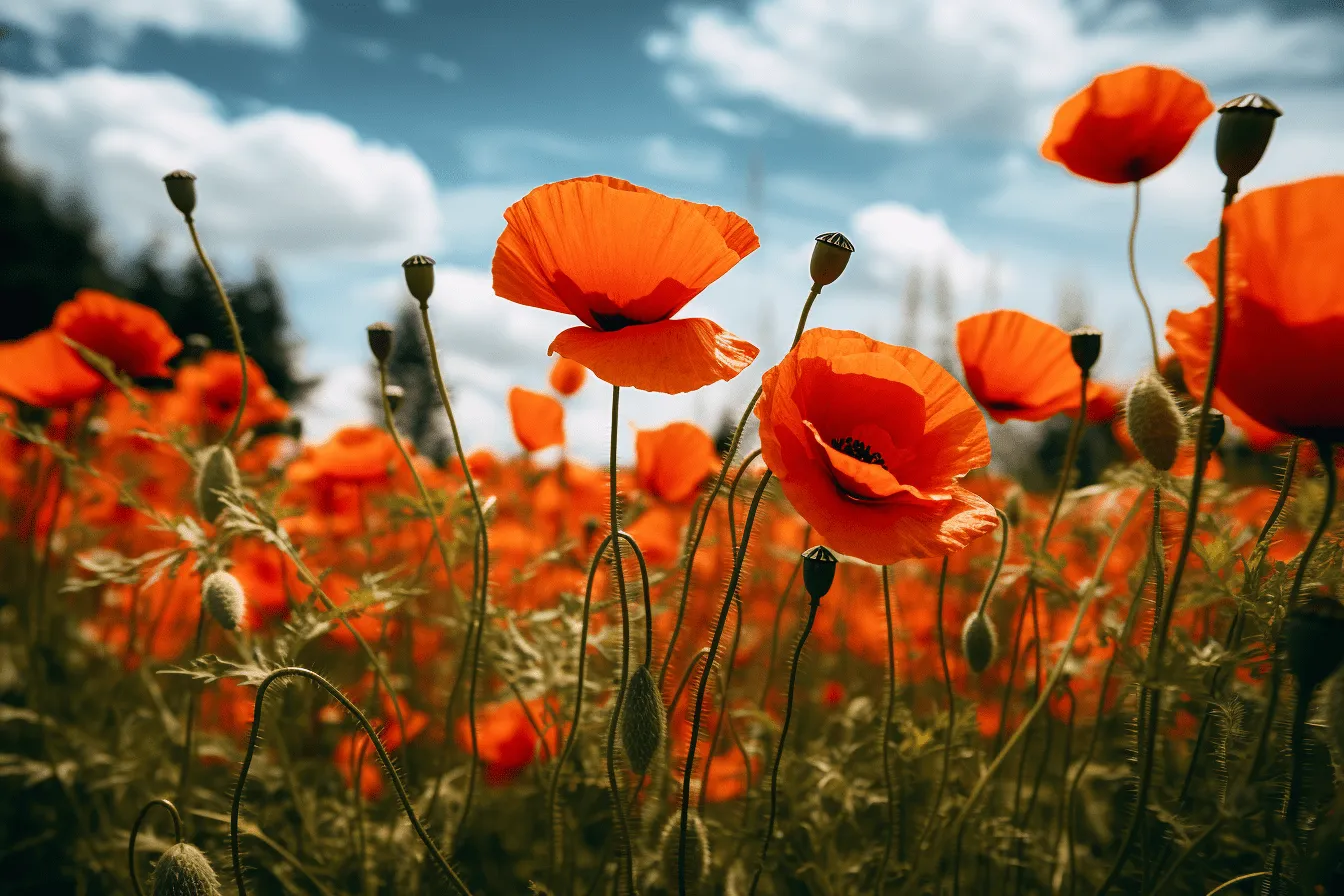 Field with red poppies, saturated color scheme, dark sky-blue and light orange, uhd image, poetcore, olympus xa, flowerpunk, photo-realistic techniques