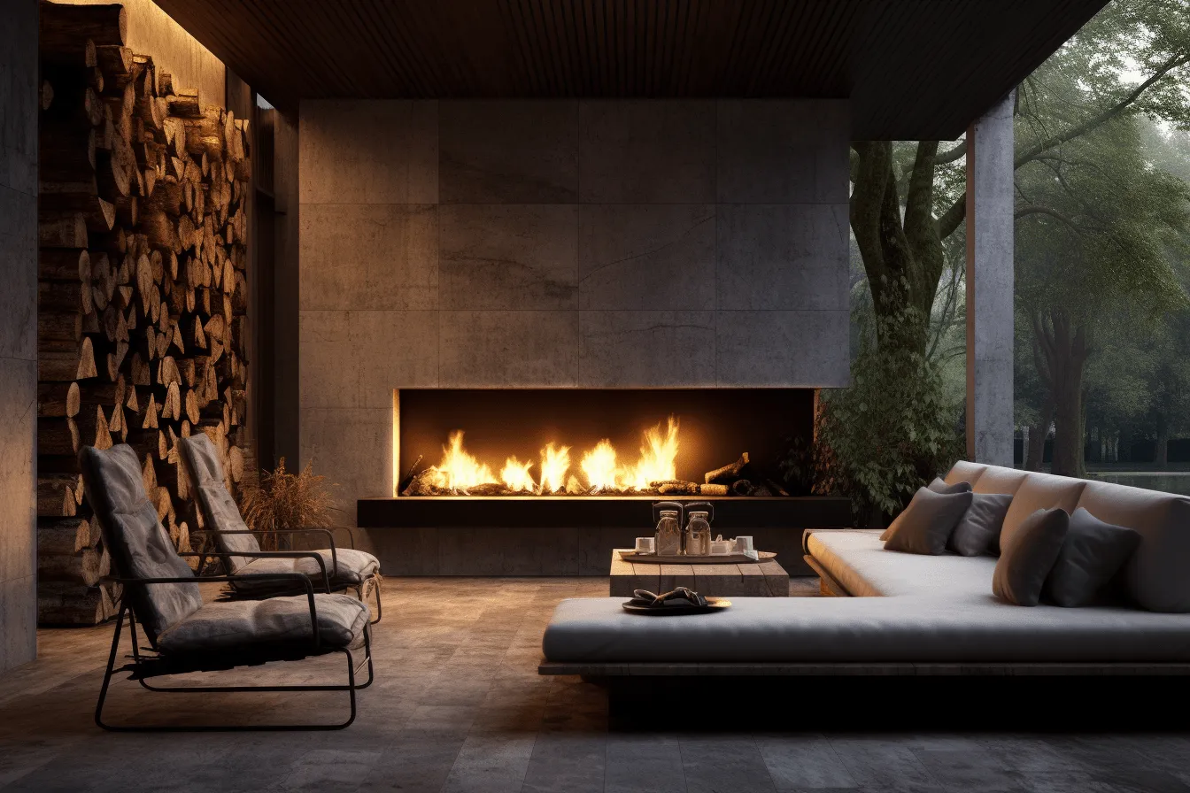 Wooden fireplace with firewood, naturalistic renderings, dark, moody landscapes, australian landscapes, dark gray and beige, rich and immersive, luxurious, concrete brutalism