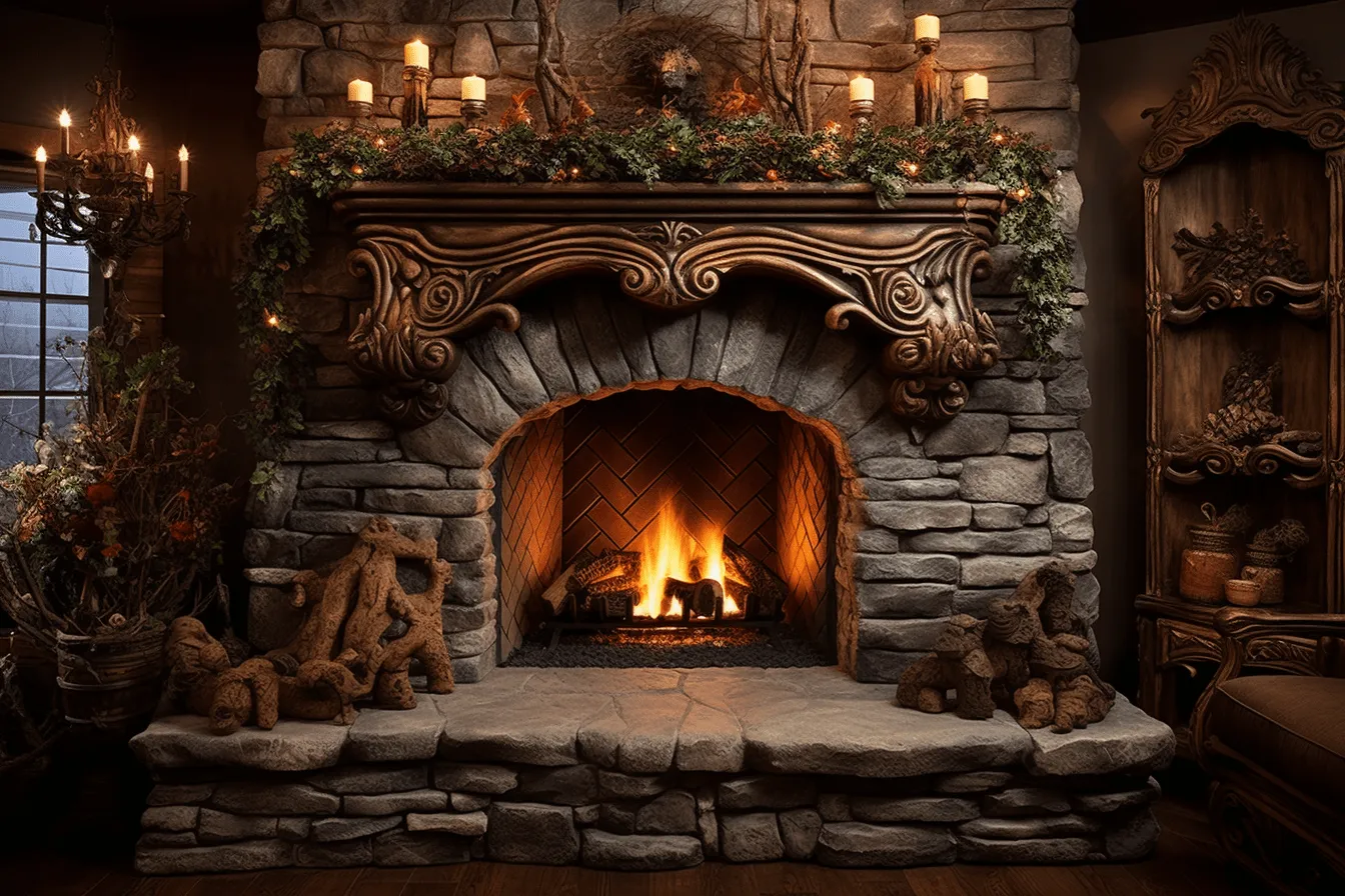 Wood burning fireplace with fire place fireplace with fire pit, rustic renaissance realism, moody lighting, organic stone carvings, tonalist color scheme, 32k uhd, southern gothic-inspired, curvilinear