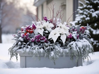 Flower Box With A Flower Covered With Snow