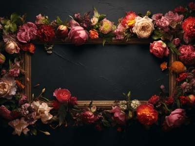 Flower Frame Covered With Colorful Flowers, Dark Background And Copy Space