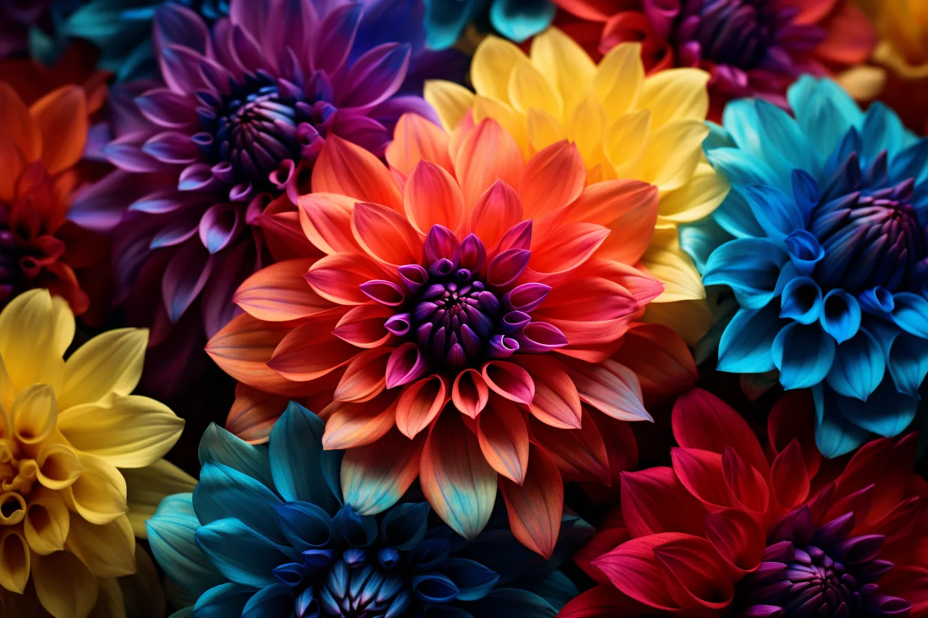 Colorful arrangement of flowers on a table, psychedelic color palette, ultra detailed, dark colors, vibrant color gradients, vibrant portraits, close-up, chromatic purity